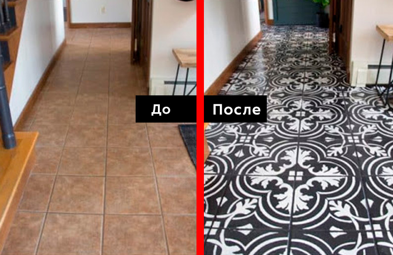 Покраска плитки на кухне до и после 7